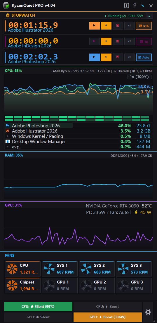 RyzenQuiet PRO v4.04 Multi-Stopwatch & Per-App Profiling Preview